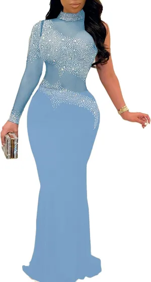 PORRCEY Women Sexy Elegant Rhinestone Mesh See Through Evening Dresses Party Club Night Clubwear