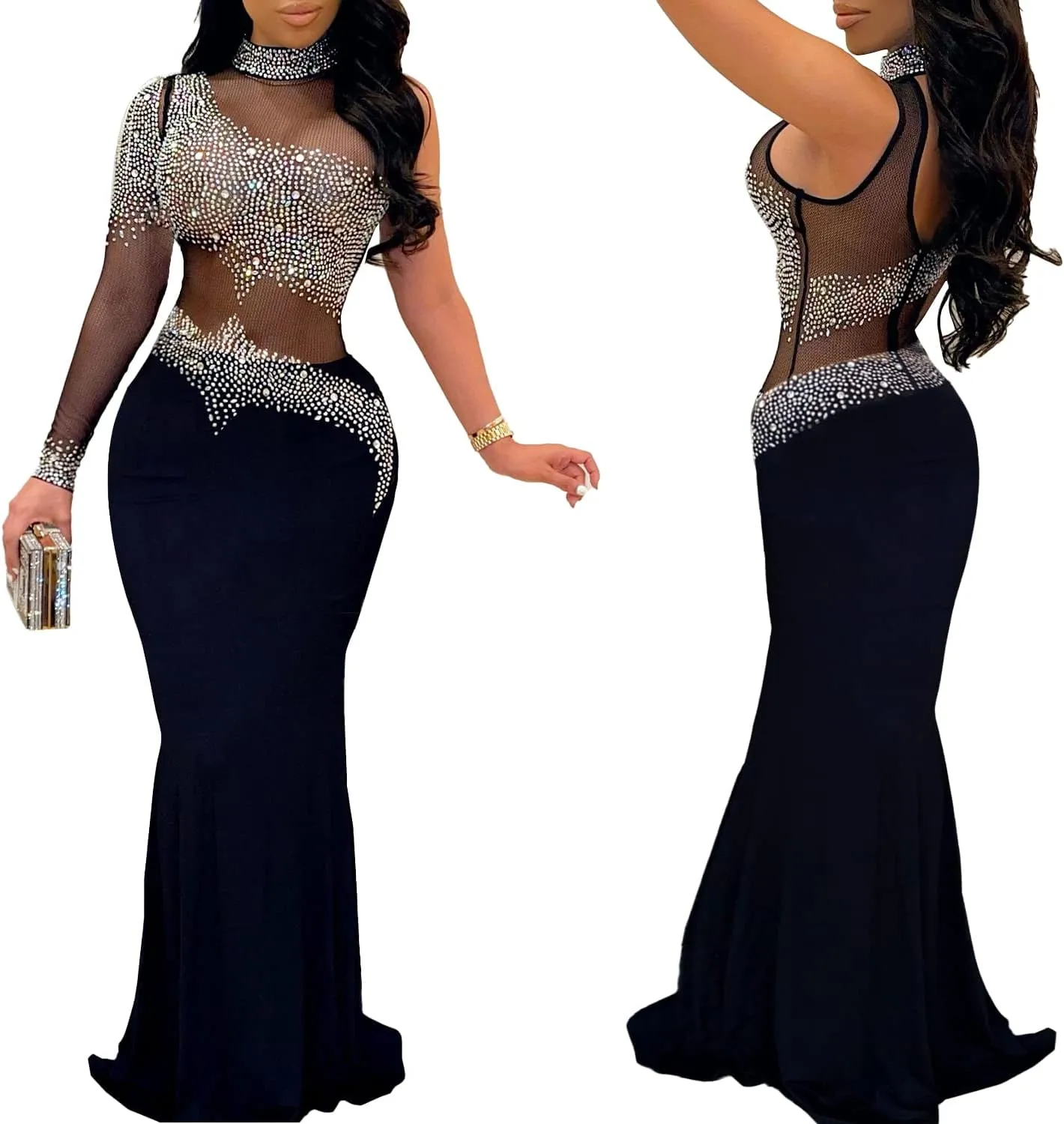 PORRCEY Women Sexy Elegant Rhinestone Mesh See Through Evening Dresses Party Club Night Clubwear