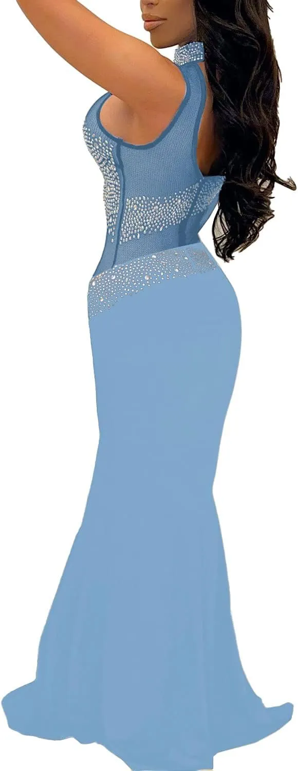 PORRCEY Women Sexy Elegant Rhinestone Mesh See Through Evening Dresses Party Club Night Clubwear