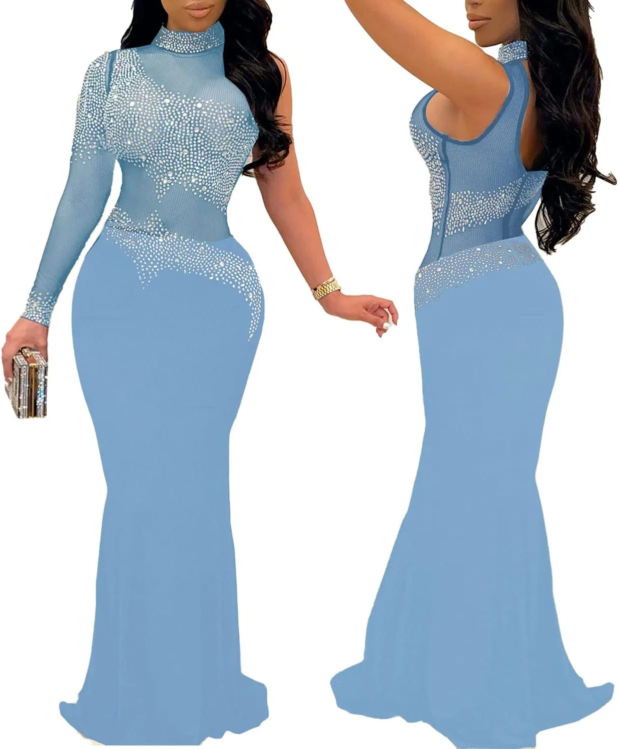 PORRCEY Women Sexy Elegant Rhinestone Mesh See Through Evening Dresses Party Club Night Clubwear