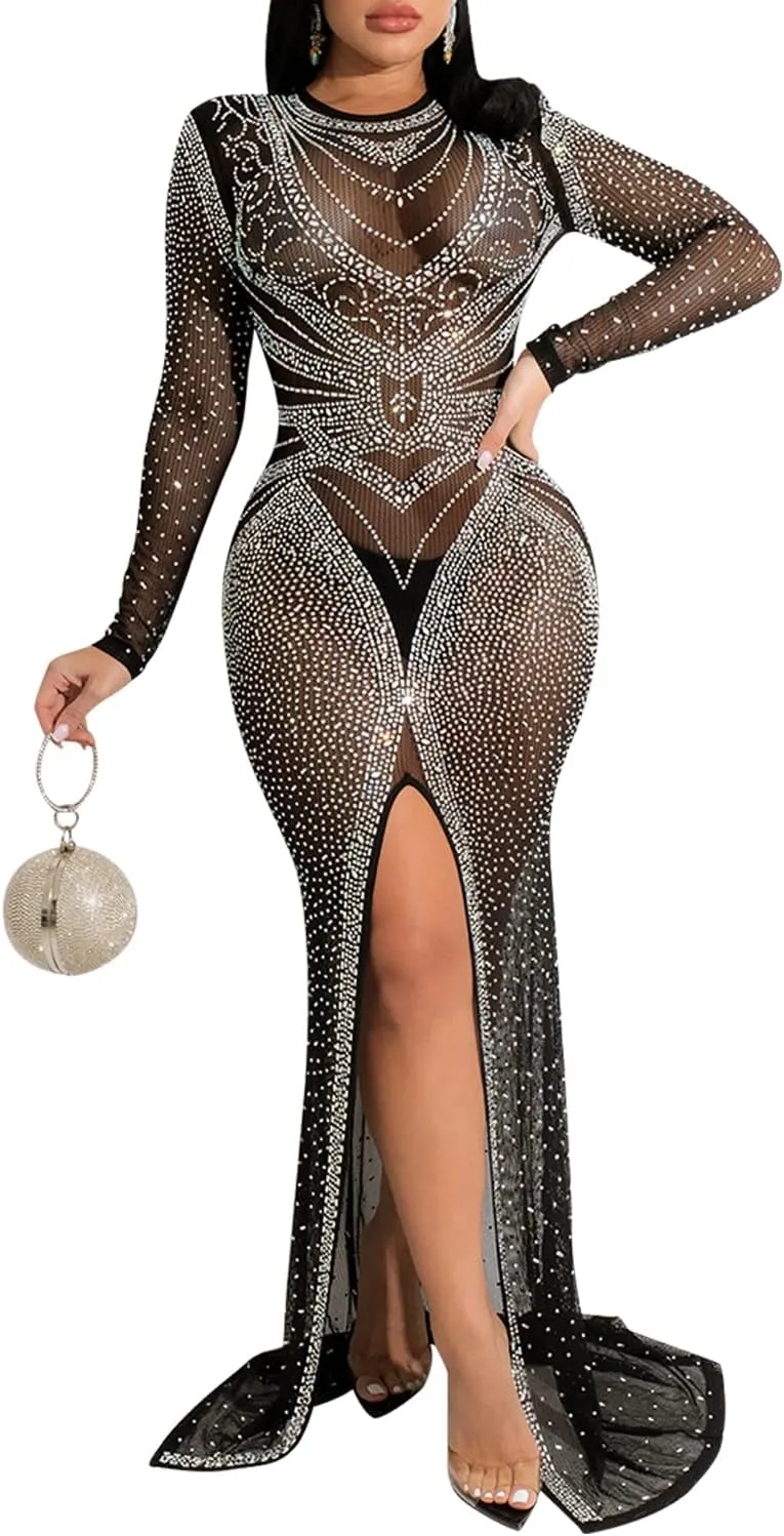 PORRCEY Women's Sexy Elegant Rhinestone Long Sleeve Night Club Dress Party Clubwear Sparkly Evening Dress