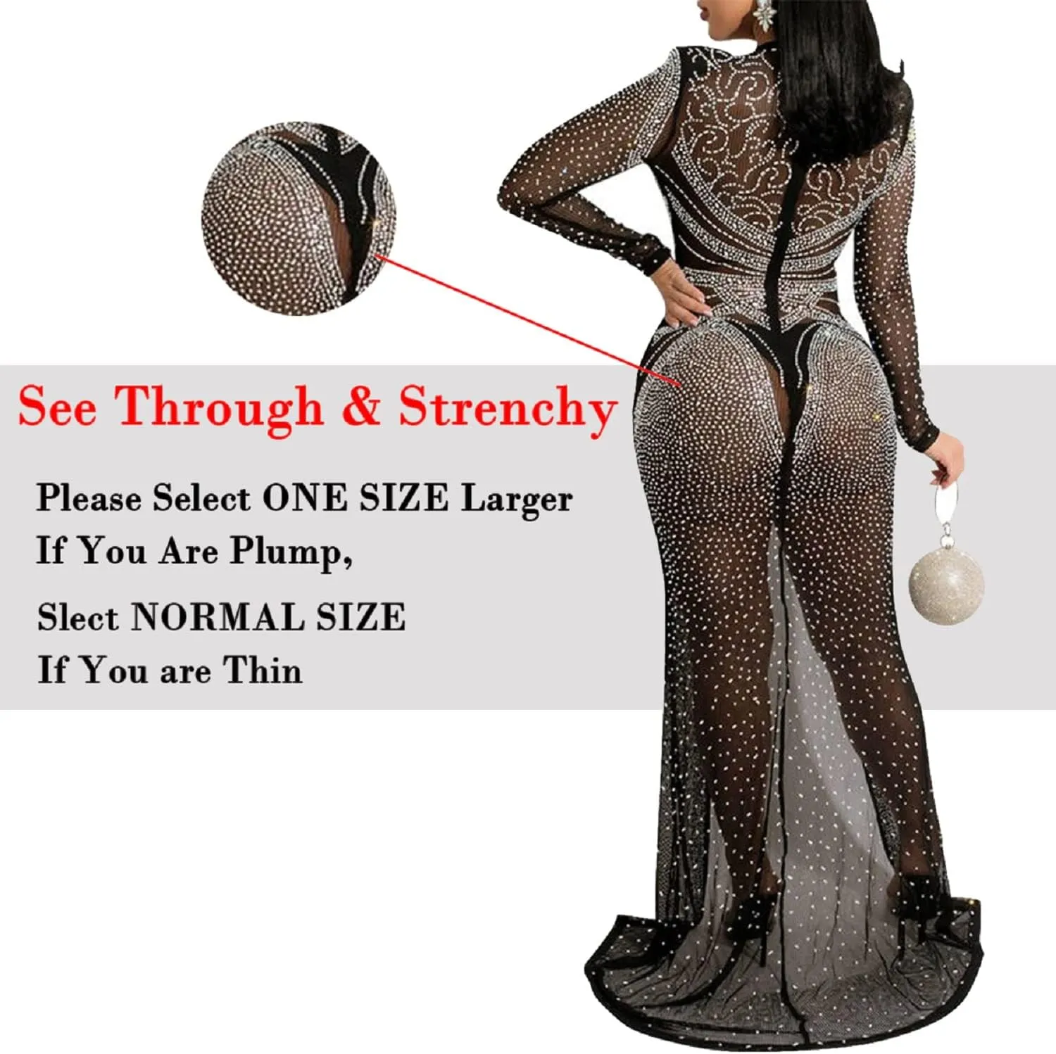 PORRCEY Women's Sexy Elegant Rhinestone Long Sleeve Night Club Dress Party Clubwear Sparkly Evening Dress