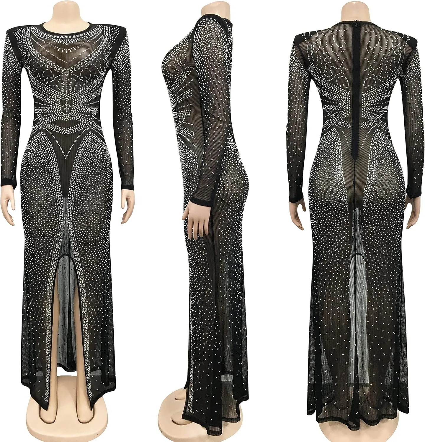 PORRCEY Women's Sexy Elegant Rhinestone Long Sleeve Night Club Dress Party Clubwear Sparkly Evening Dress