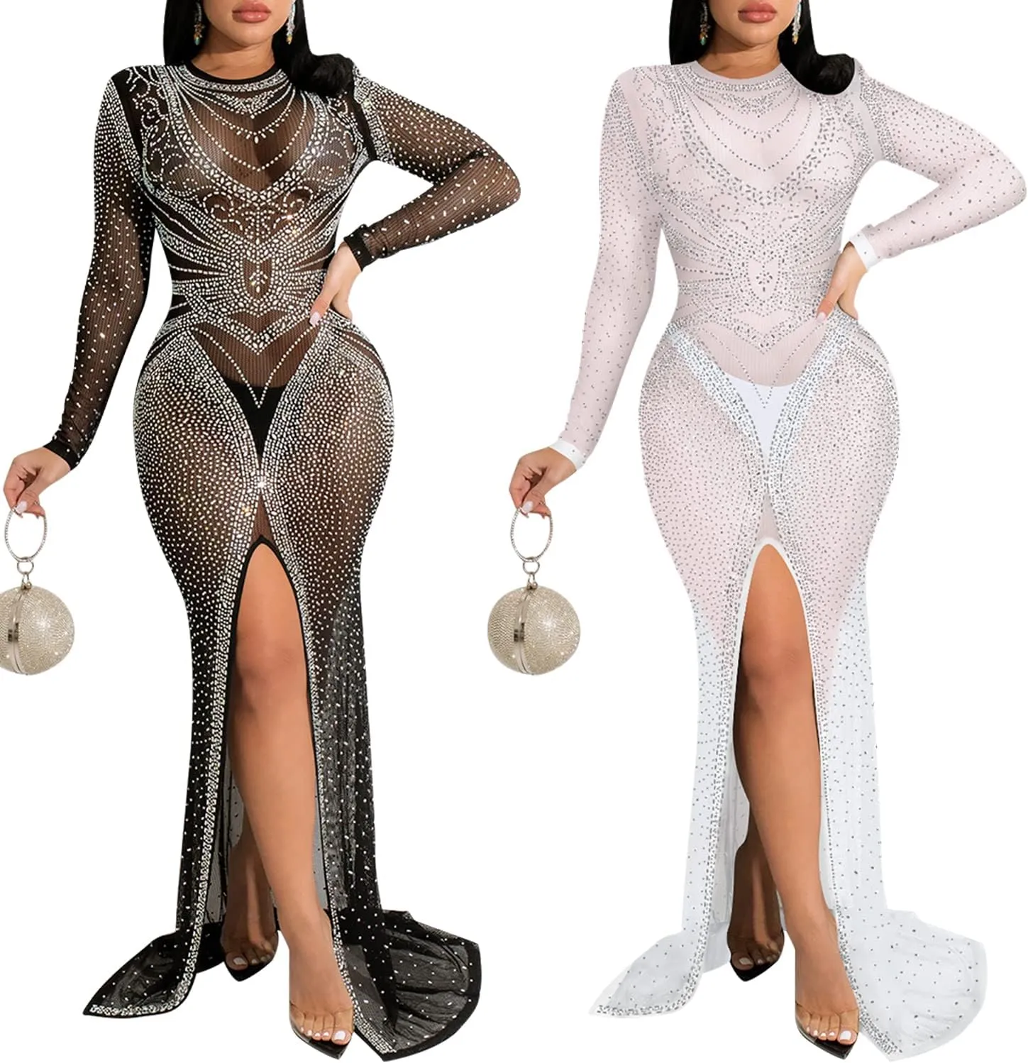 PORRCEY Women's Sexy Elegant Rhinestone Long Sleeve Night Club Dress Party Clubwear Sparkly Evening Dress
