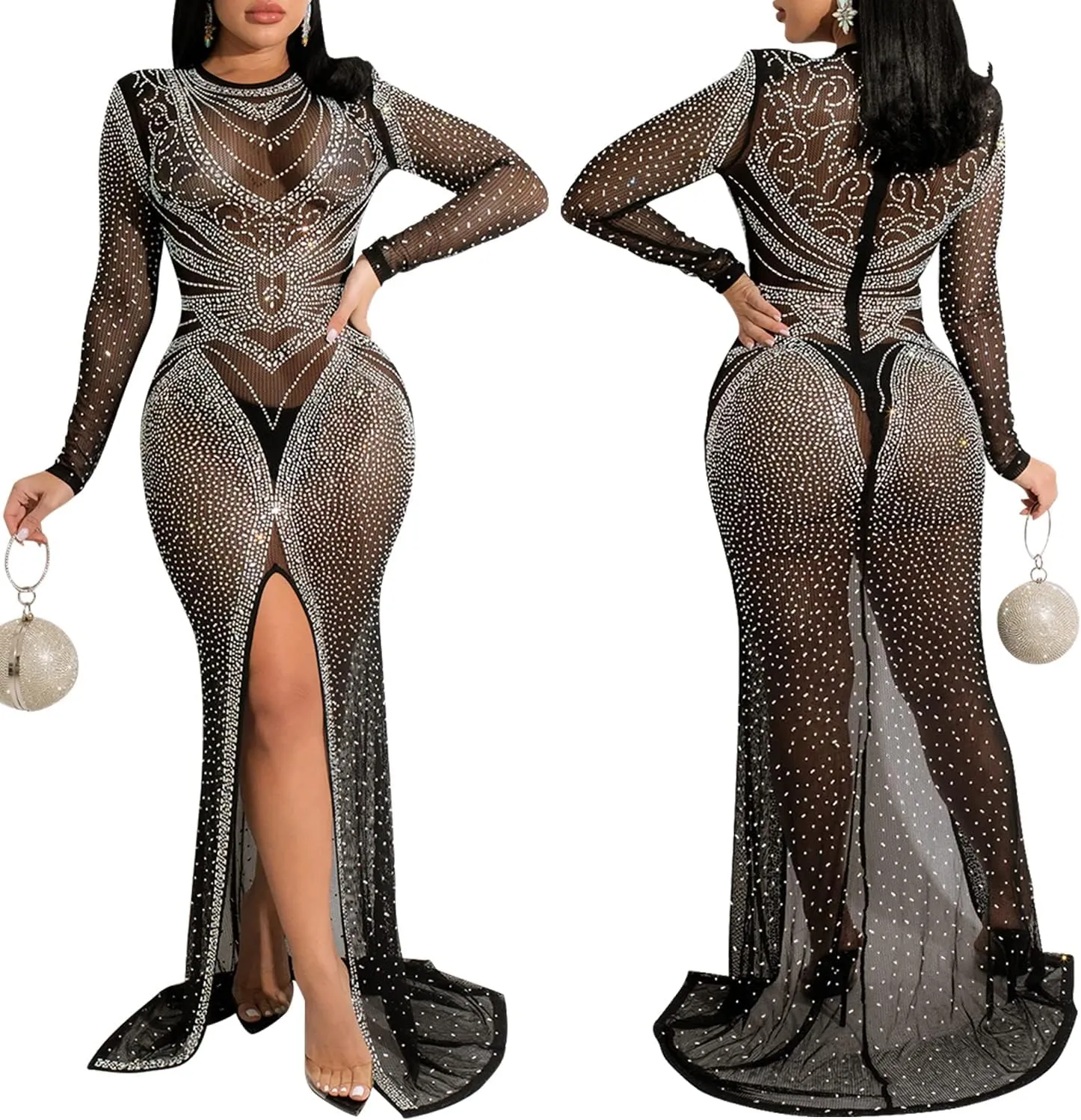 PORRCEY Women's Sexy Elegant Rhinestone Long Sleeve Night Club Dress Party Clubwear Sparkly Evening Dress