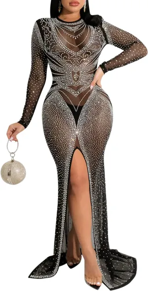 PORRCEY Women's Sexy Elegant Rhinestone Long Sleeve Night Club Dress Party Clubwear Sparkly Evening Dress