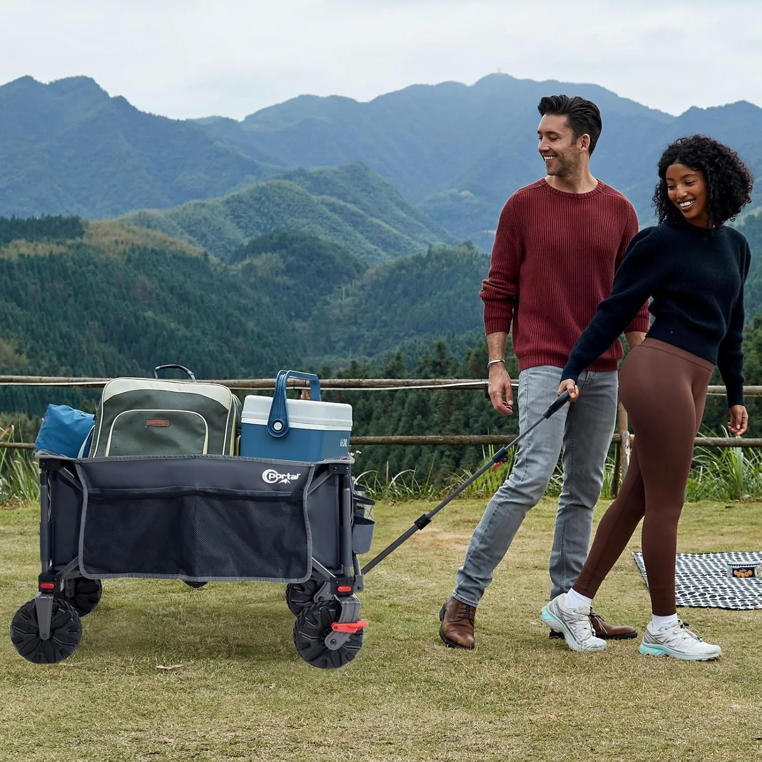 PORTAL Collapsible Wagon with Brakes, Heavy Duty Utility Cart with All-Terrain Wheels, Portable Folding Wagons for Camping, Beach, Garden, Shopping, and Groceries