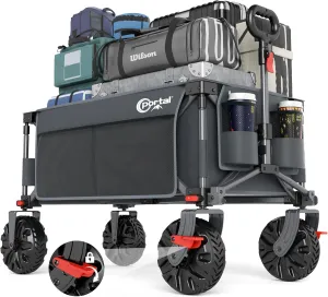 PORTAL Collapsible Wagon with Brakes, Heavy Duty Utility Cart with All-Terrain Wheels, Portable Folding Wagons for Camping, Beach, Garden, Shopping, and Groceries