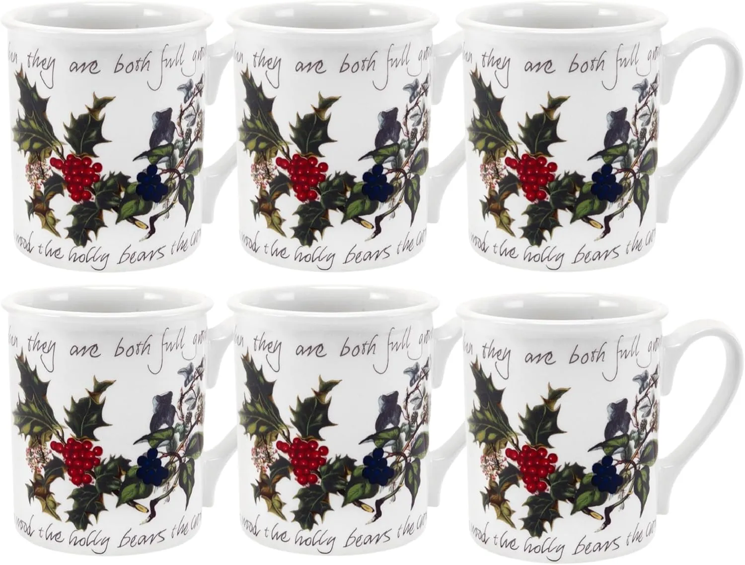 Portmeirion Holly & Ivy 9 Oz Breakfast Mugs (Set of 6) - Holiday Earthenware for Seasonal Tableware, Coffee & Tea Cup - Hand-Decorated, Oven, Microwave & Freezer Safe Mug Set for Entertaining