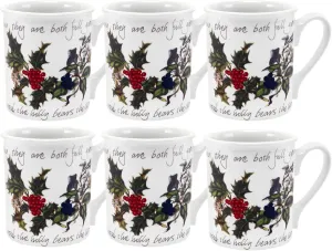 Portmeirion Holly & Ivy 9 Oz Breakfast Mugs (Set of 6) - Holiday Earthenware for Seasonal Tableware, Coffee & Tea Cup - Hand-Decorated, Oven, Microwave & Freezer Safe Mug Set for Entertaining