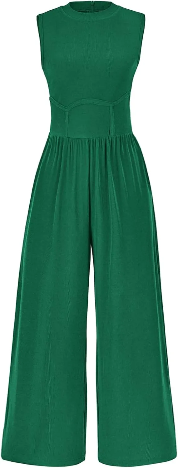 PRETTYGARDEN Women's Summer 2025 Sleeveless One Piece Jumpsuits for Women Dressy Casual Wide Leg Pants Romper with Pockets