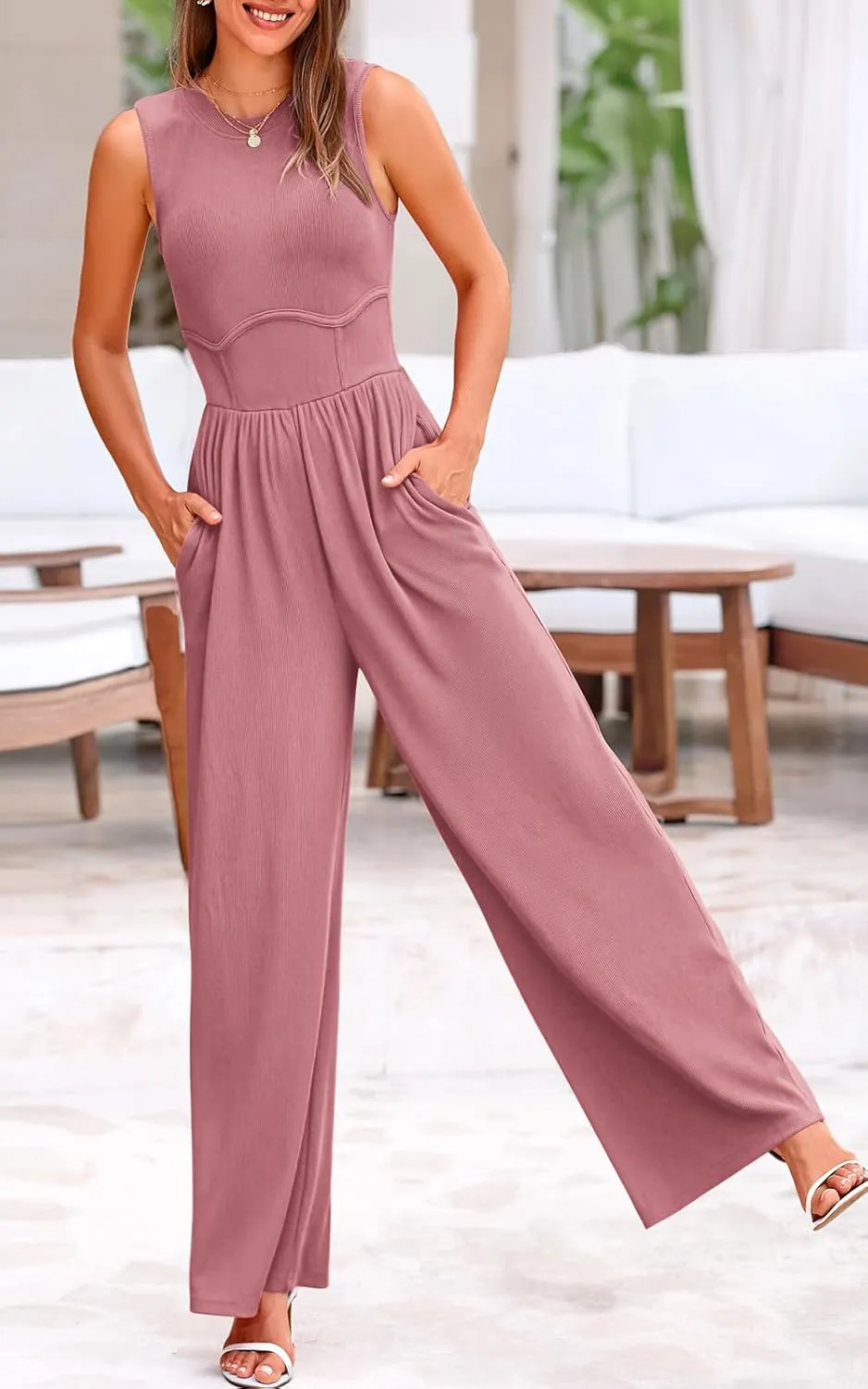 PRETTYGARDEN Women's Summer 2025 Sleeveless One Piece Jumpsuits for Women Dressy Casual Wide Leg Pants Romper with Pockets