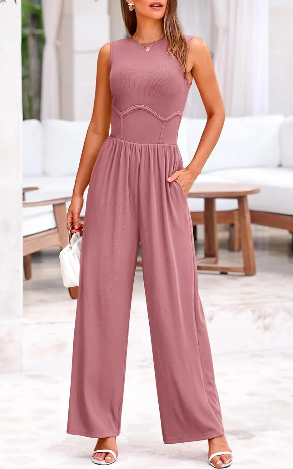 PRETTYGARDEN Women's Summer 2025 Sleeveless One Piece Jumpsuits for Women Dressy Casual Wide Leg Pants Romper with Pockets