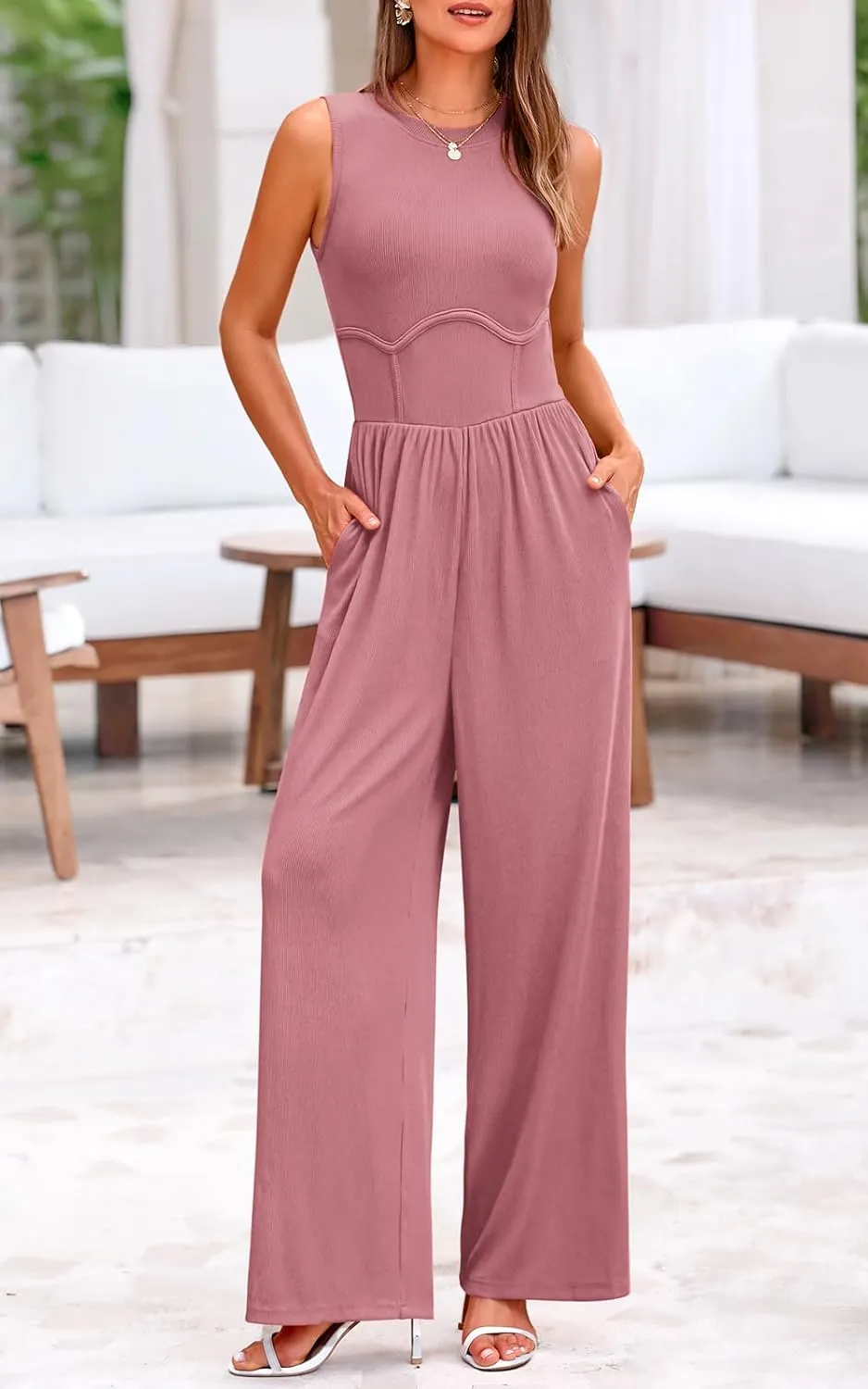 PRETTYGARDEN Women's Summer 2025 Sleeveless One Piece Jumpsuits for Women Dressy Casual Wide Leg Pants Romper with Pockets