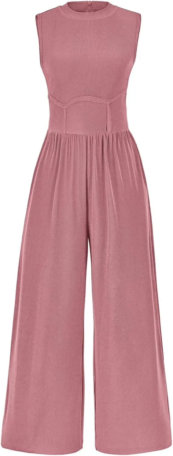 PRETTYGARDEN Women's Summer 2025 Sleeveless One Piece Jumpsuits for Women Dressy Casual Wide Leg Pants Romper with Pockets