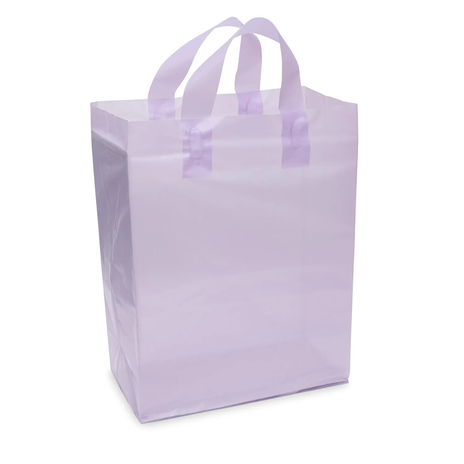 Prime Line Packaging Plastic Gift Bags with Handles, Clear Reusable Tote for Small Business, Goodies, Purple Party Favors, Retail, 10x5x13 100 Pack