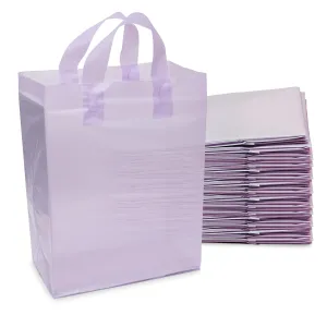 Prime Line Packaging Plastic Gift Bags with Handles, Clear Reusable Tote for Small Business, Goodies, Purple Party Favors, Retail, 10x5x13 100 Pack