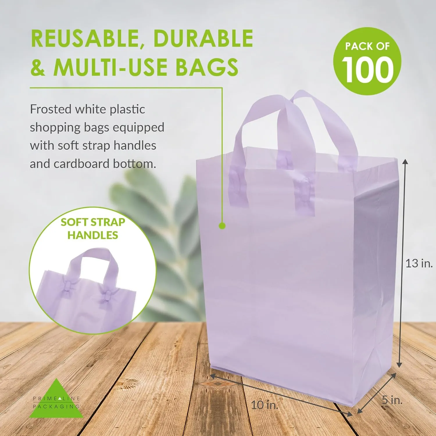 Prime Line Packaging Plastic Gift Bags with Handles, Clear Reusable Tote for Small Business, Goodies, Purple Party Favors, Retail, 10x5x13 100 Pack