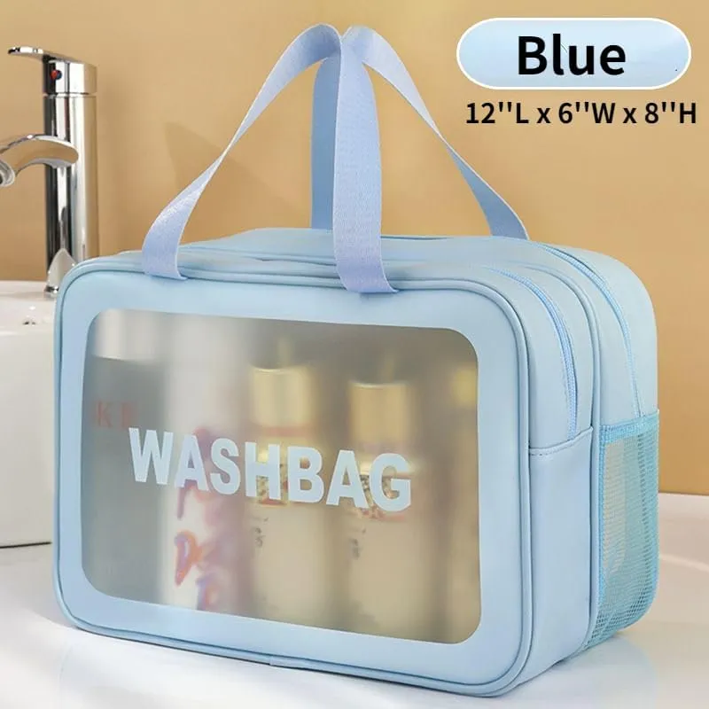 PU Leather Portable Toiletry Bags with Handle, Translucent Waterproof travel Make up Bags for Women, Large Capacity Travel Cosmetic Bags (Blue)