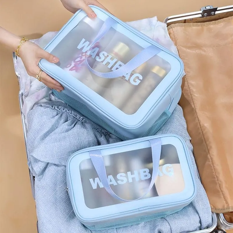 PU Leather Portable Toiletry Bags with Handle, Translucent Waterproof travel Make up Bags for Women, Large Capacity Travel Cosmetic Bags (Blue)