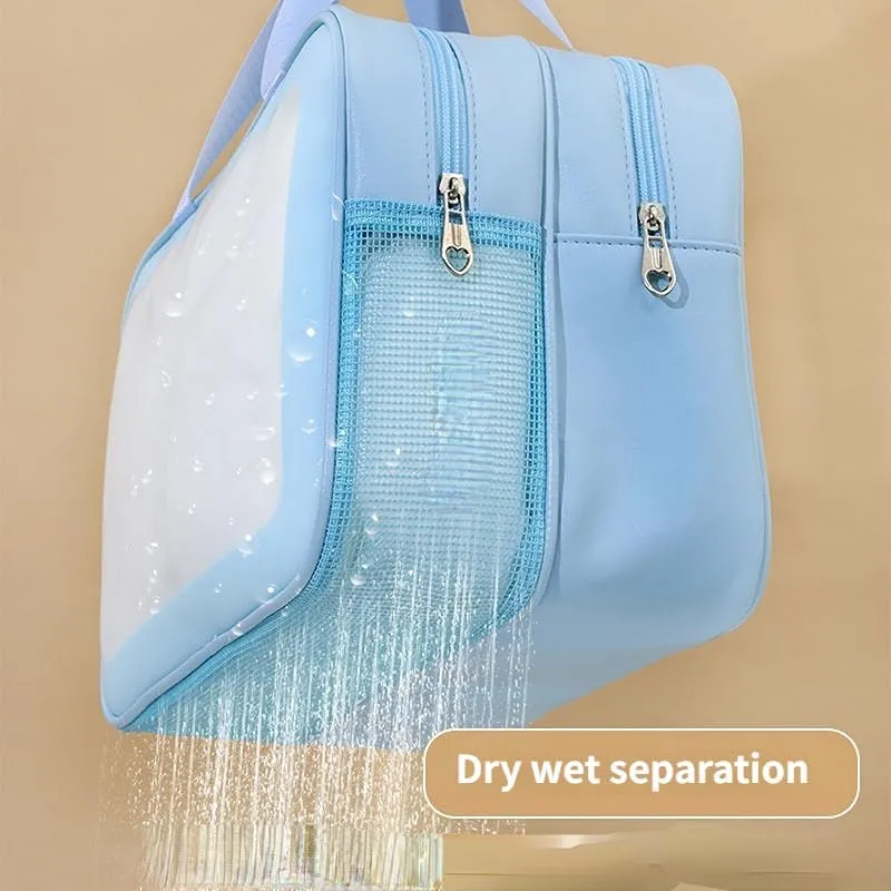 PU Leather Portable Toiletry Bags with Handle, Translucent Waterproof travel Make up Bags for Women, Large Capacity Travel Cosmetic Bags (Blue)