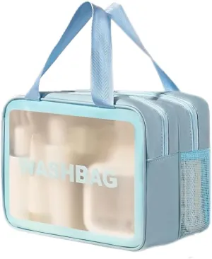 PU Leather Portable Toiletry Bags with Handle, Translucent Waterproof travel Make up Bags for Women, Large Capacity Travel Cosmetic Bags (Blue)
