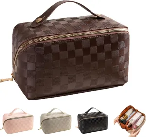 PU Leather Waterproof Multifunctional Makeup Organizer - Large Capacity Travel Cosmetic Bag With Handle - Plaid Checkered Makeup Bag (Brown)