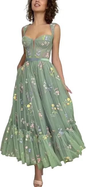 Puffy Sleeve Prom Dresses Flower Embroidery Tulle Backless A-line Lace Formal Evening Party Gown for Women