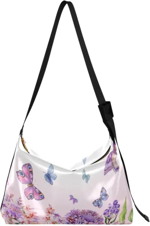 Purple Butterfly Floral Hobo Crossbody Bags for Women Leather Large Shoulder Bag Cross Body Spring Flowers Trendy Womens Tote Bags Handbag for Travel Shopping