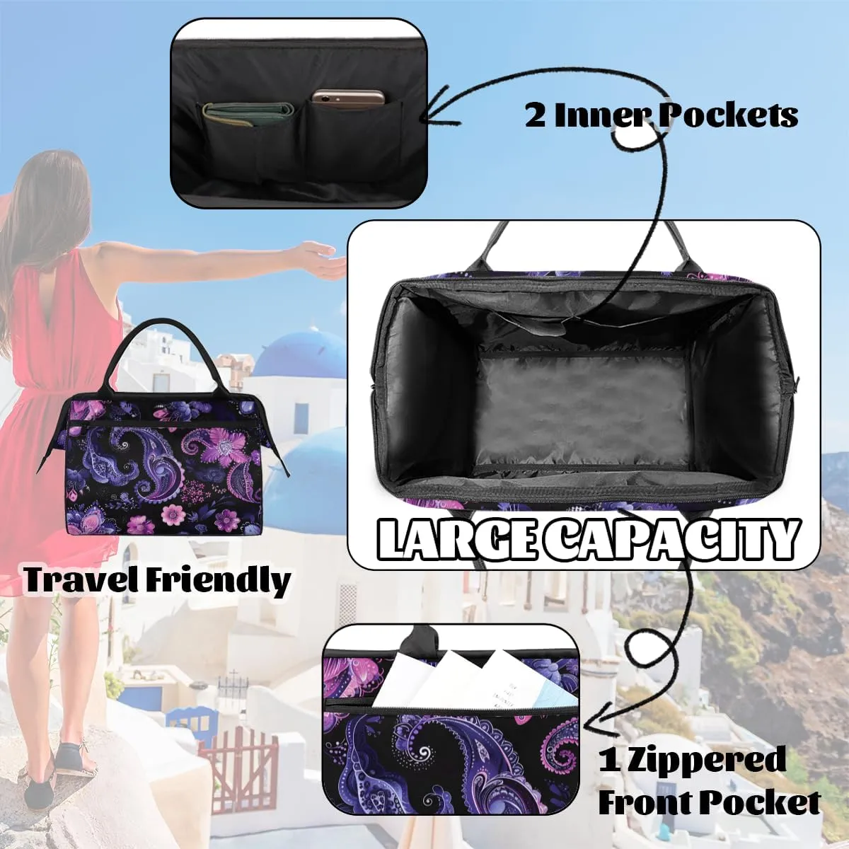 Purple Pink Abstract Paisley Weekender Overnight Bag for Women Waterproof Carry On Travel Duffle Bags with Pocket Lightweight Sports Gym Tote Bag Large Luggage Workout Personal Item Hospital Bags
