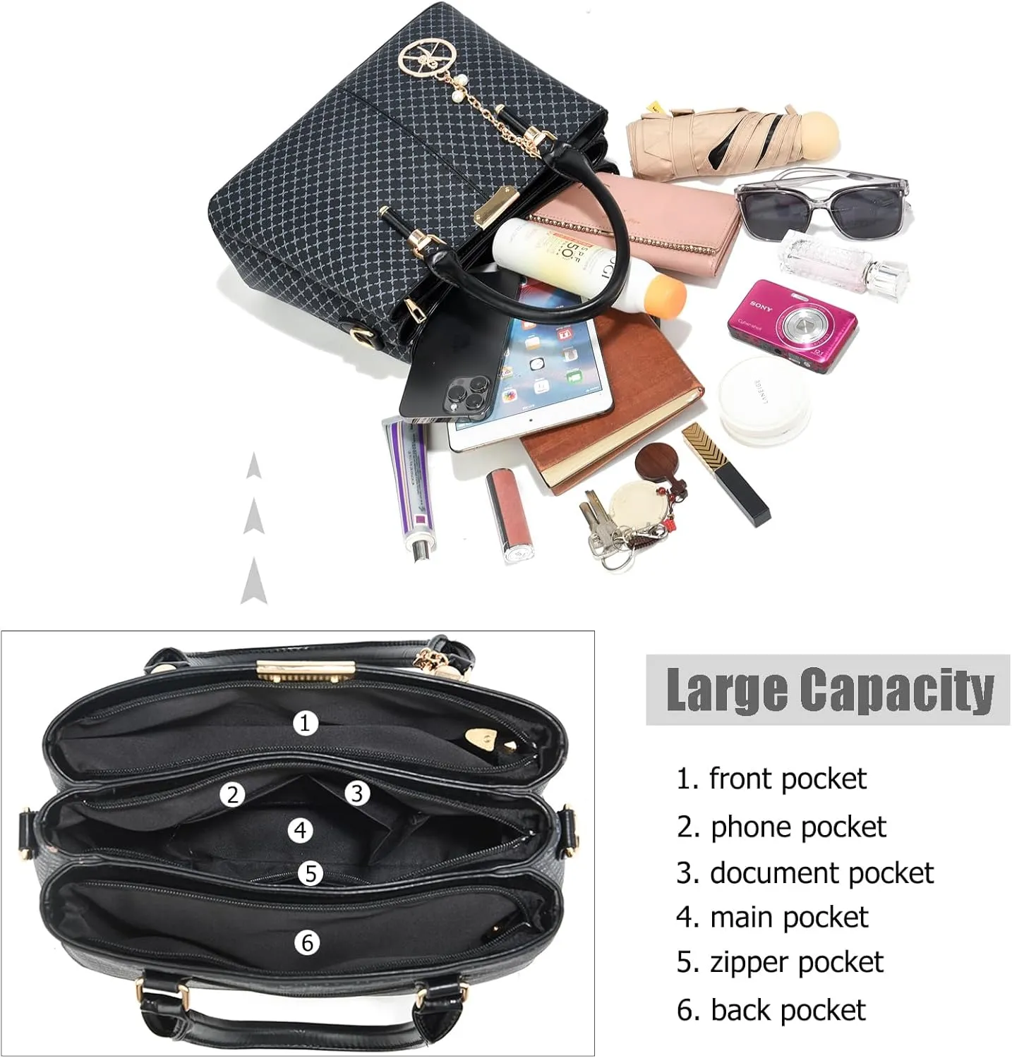 Purse and Handbags for Women, 3 Zip Compartments Tote Bag Designer Shoulder Purse Top Handle Satchel Bags