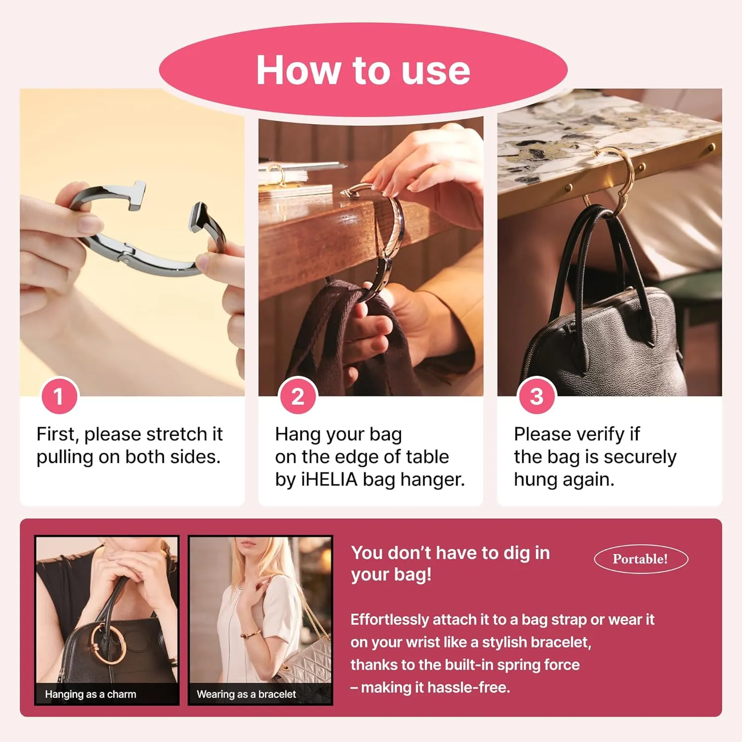 Purse Hook Hanger for Table (Modern) - Premium Bag Holder w/Ergonomic Bracelet Oval Design (Gold)