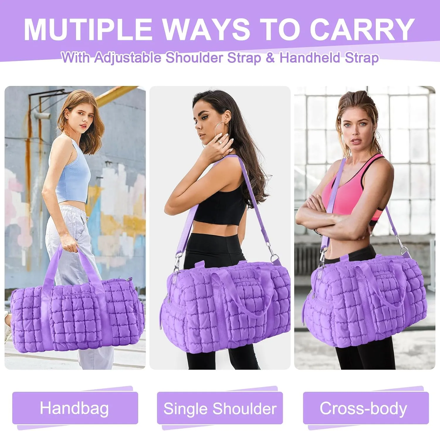 Quilted Gym Bag Duffle for Women,Duffle Bag for Travel with Shoes Compartment,Puffer Weekender Bags Overnight Carry On Duffel Bag with Trolley Sleeve,Personal Item Bag Sports Duffel Dance Bag(Purple)