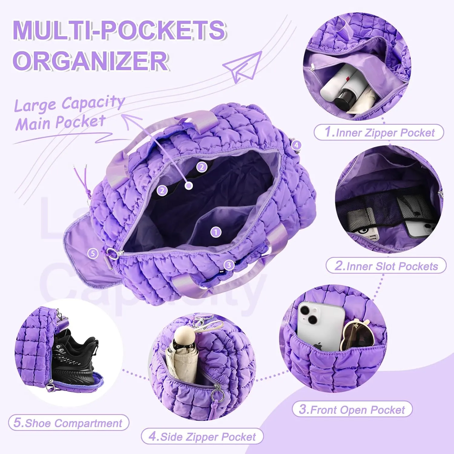 Quilted Gym Bag Duffle for Women,Duffle Bag for Travel with Shoes Compartment,Puffer Weekender Bags Overnight Carry On Duffel Bag with Trolley Sleeve,Personal Item Bag Sports Duffel Dance Bag(Purple)