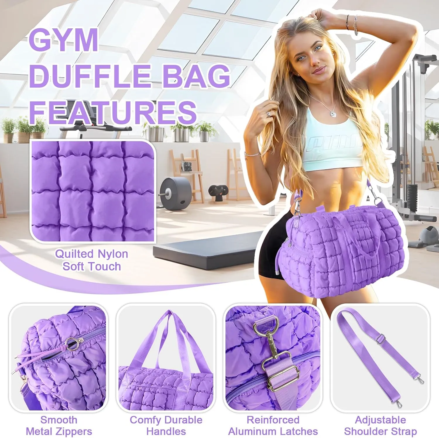 Quilted Gym Bag Duffle for Women,Duffle Bag for Travel with Shoes Compartment,Puffer Weekender Bags Overnight Carry On Duffel Bag with Trolley Sleeve,Personal Item Bag Sports Duffel Dance Bag(Purple)