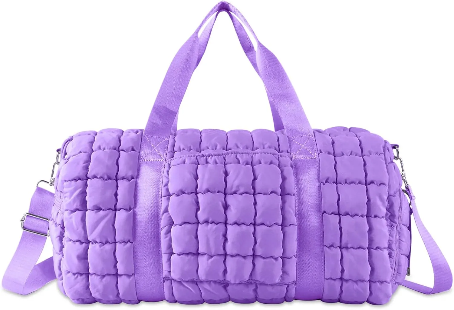 Quilted Gym Bag Duffle for Women,Duffle Bag for Travel with Shoes Compartment,Puffer Weekender Bags Overnight Carry On Duffel Bag with Trolley Sleeve,Personal Item Bag Sports Duffel Dance Bag(Purple)