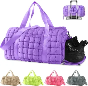 Quilted Gym Bag Duffle for Women,Duffle Bag for Travel with Shoes Compartment,Puffer Weekender Bags Overnight Carry On Duffel Bag with Trolley Sleeve,Personal Item Bag Sports Duffel Dance Bag(Purple)