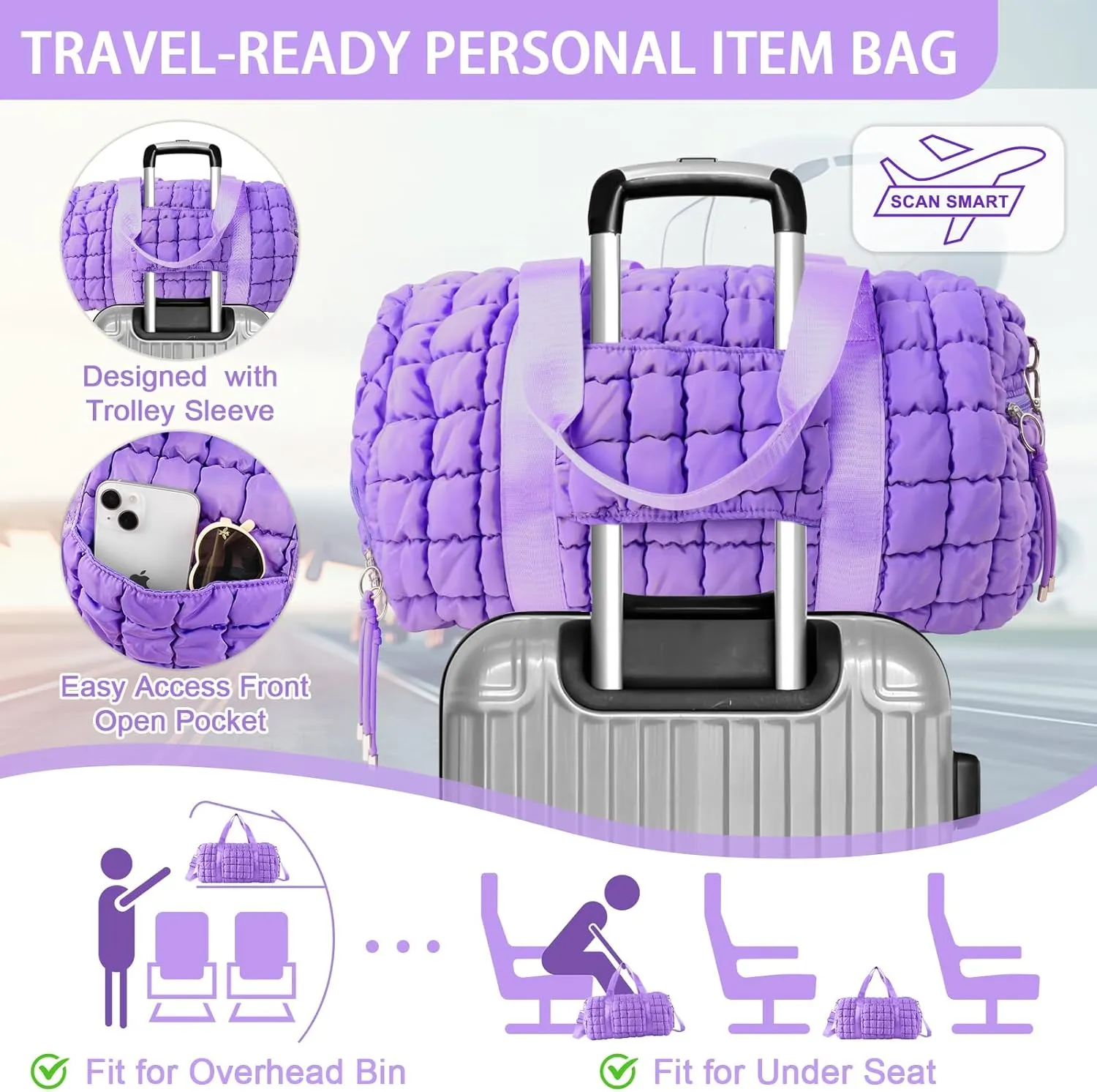 Quilted Gym Bag Duffle for Women,Duffle Bag for Travel with Shoes Compartment,Puffer Weekender Bags Overnight Carry On Duffel Bag with Trolley Sleeve,Personal Item Bag Sports Duffel Dance Bag(Purple)