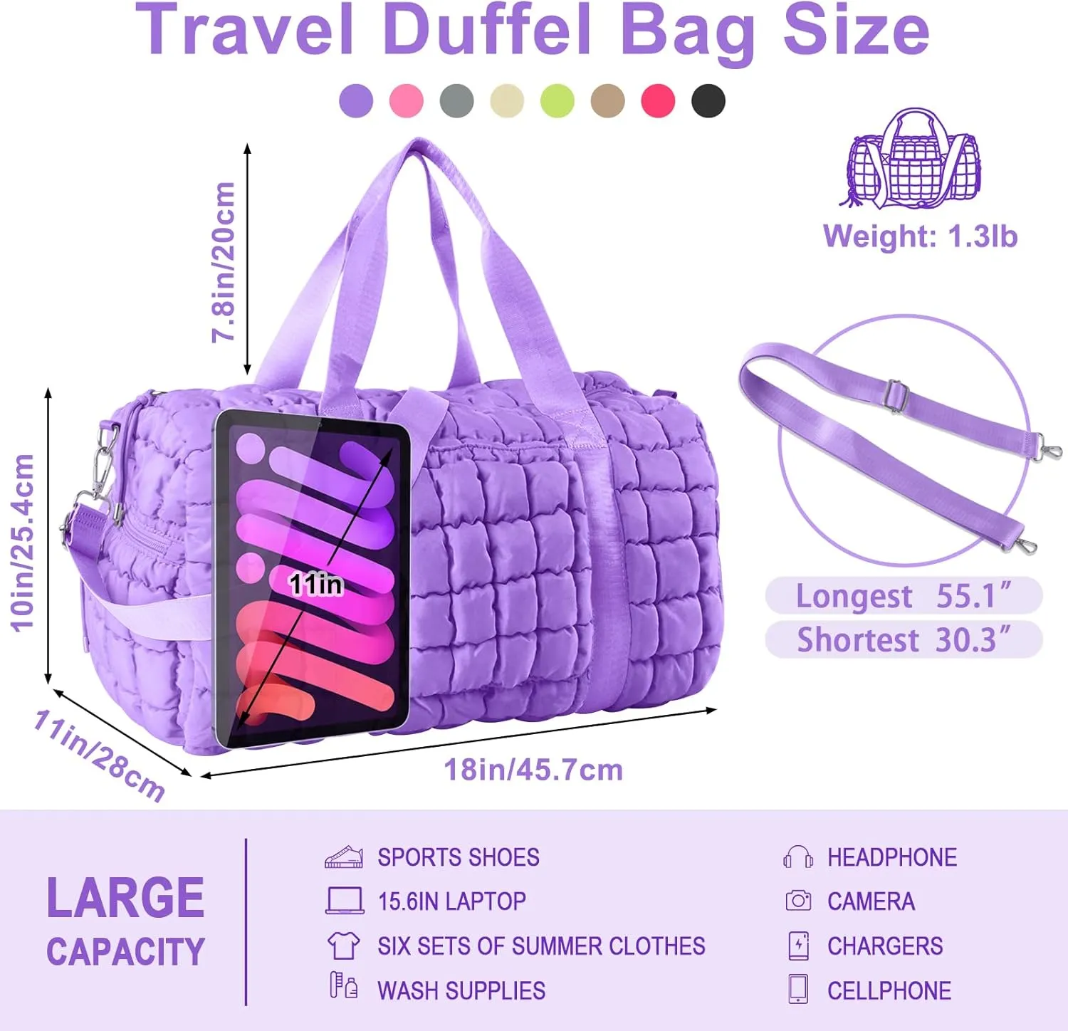 Quilted Gym Bag Duffle for Women,Duffle Bag for Travel with Shoes Compartment,Puffer Weekender Bags Overnight Carry On Duffel Bag with Trolley Sleeve,Personal Item Bag Sports Duffel Dance Bag(Purple)