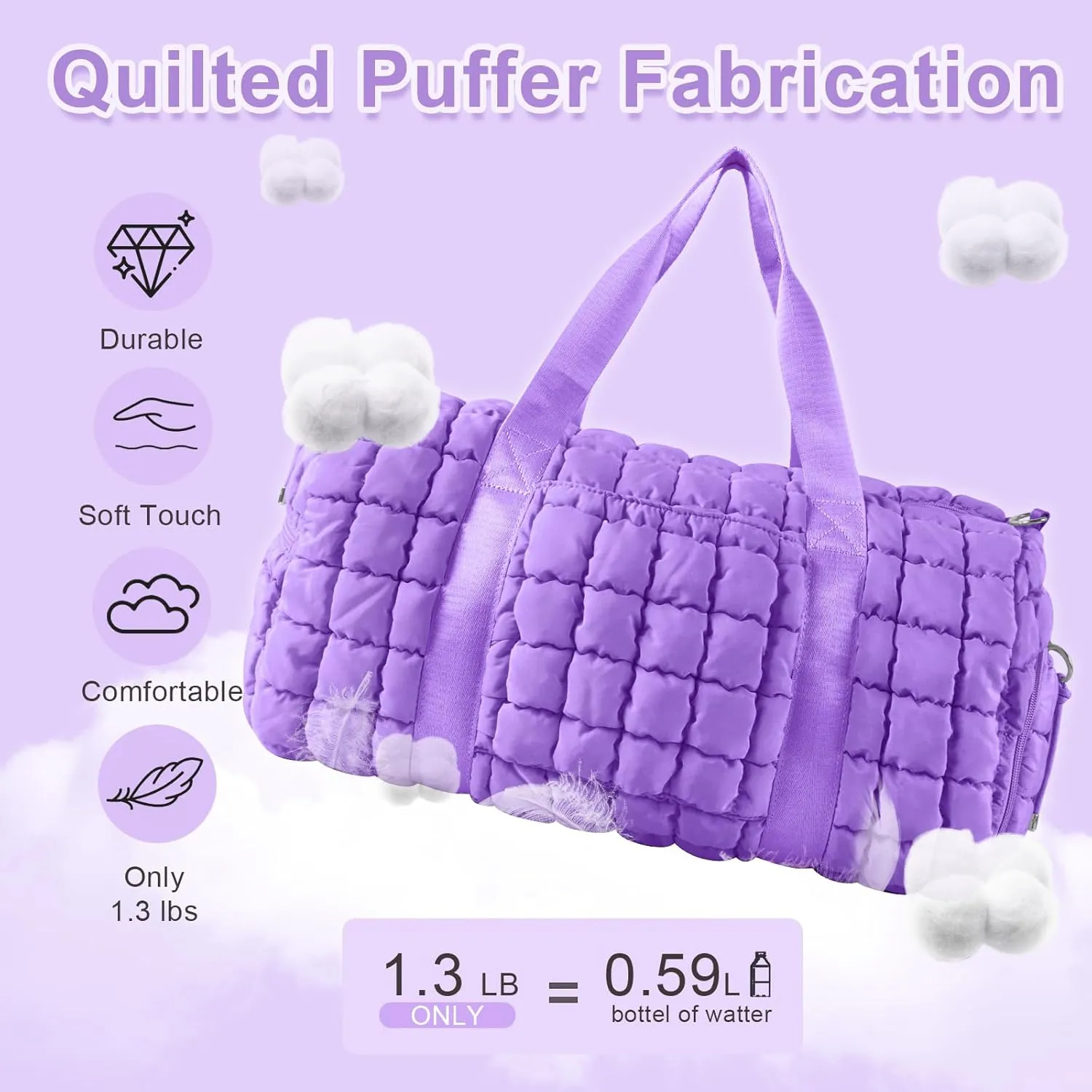 Quilted Gym Bag Duffle for Women,Duffle Bag for Travel with Shoes Compartment,Puffer Weekender Bags Overnight Carry On Duffel Bag with Trolley Sleeve,Personal Item Bag Sports Duffel Dance Bag(Purple)