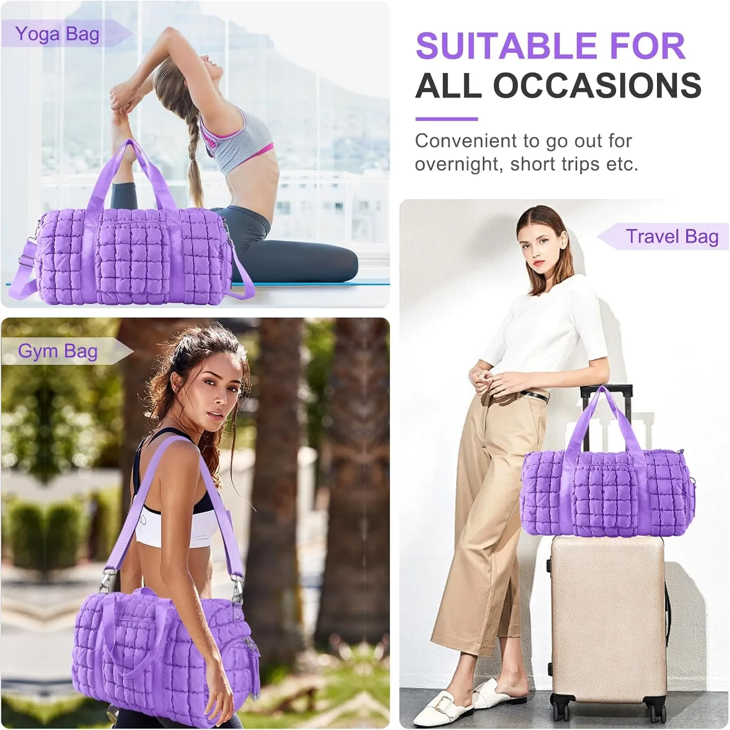 Quilted Gym Bag Duffle for Women,Duffle Bag for Travel with Shoes Compartment,Puffer Weekender Bags Overnight Carry On Duffel Bag with Trolley Sleeve,Personal Item Bag Sports Duffel Dance Bag(Purple)