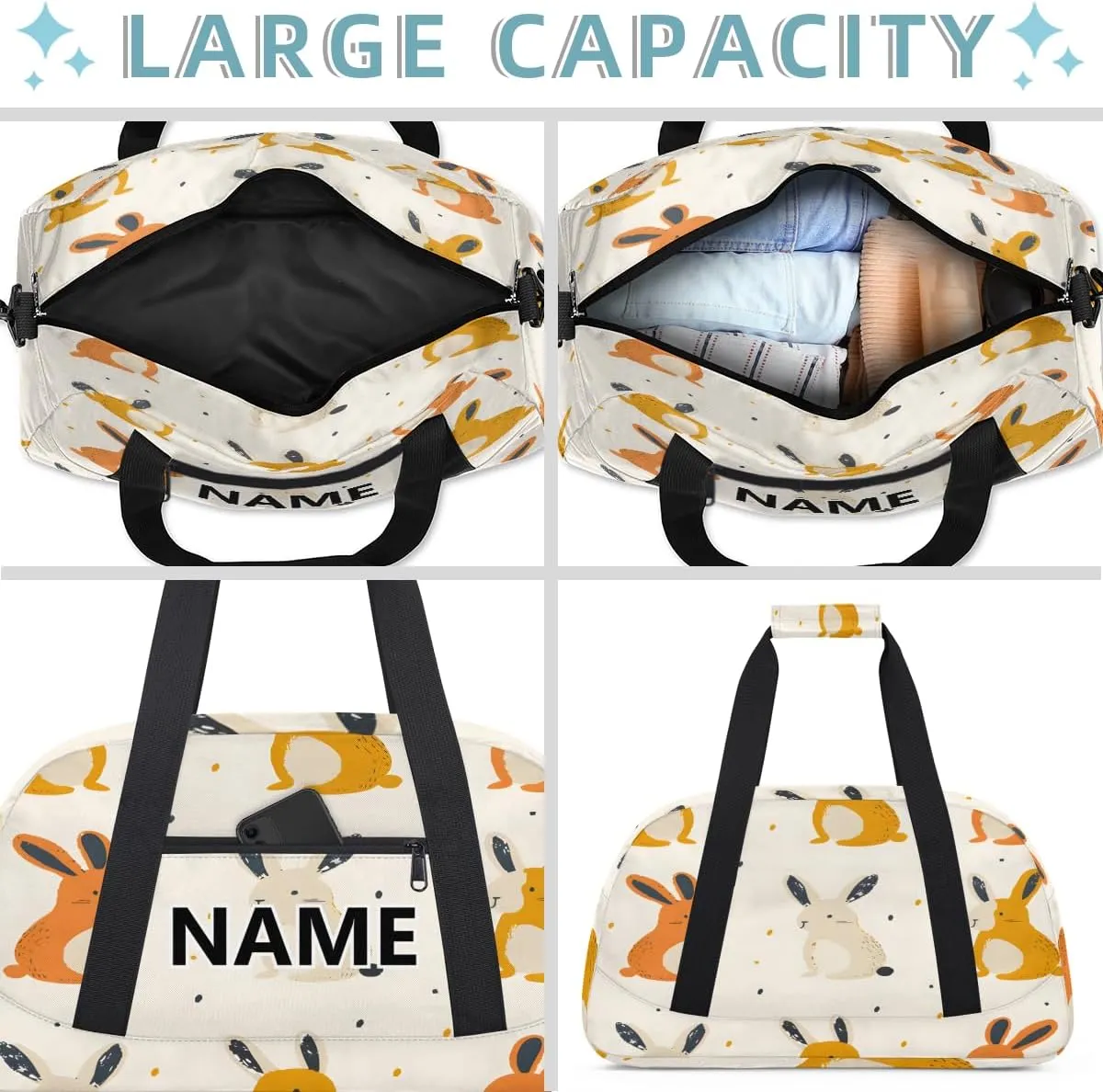 Rabbit Custom Small Gym Bag 18 inch for Women Men Personalized Easter Cute Carry On Overnight Weekender Bag for Travel Work Dance Sport