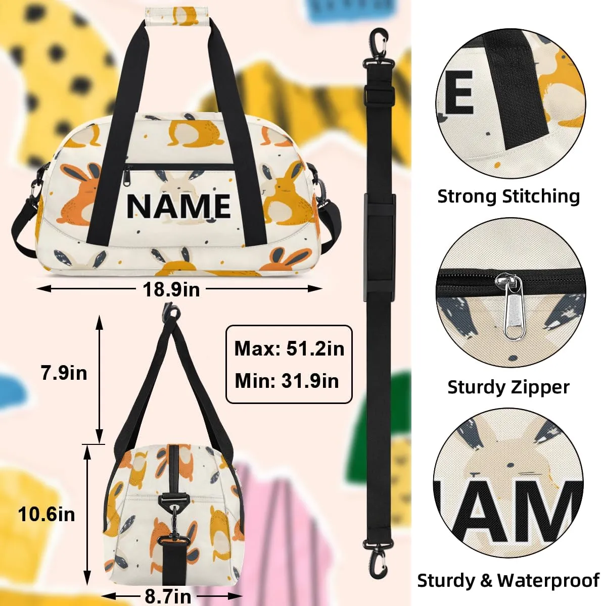 Rabbit Custom Small Gym Bag 18 inch for Women Men Personalized Easter Cute Carry On Overnight Weekender Bag for Travel Work Dance Sport