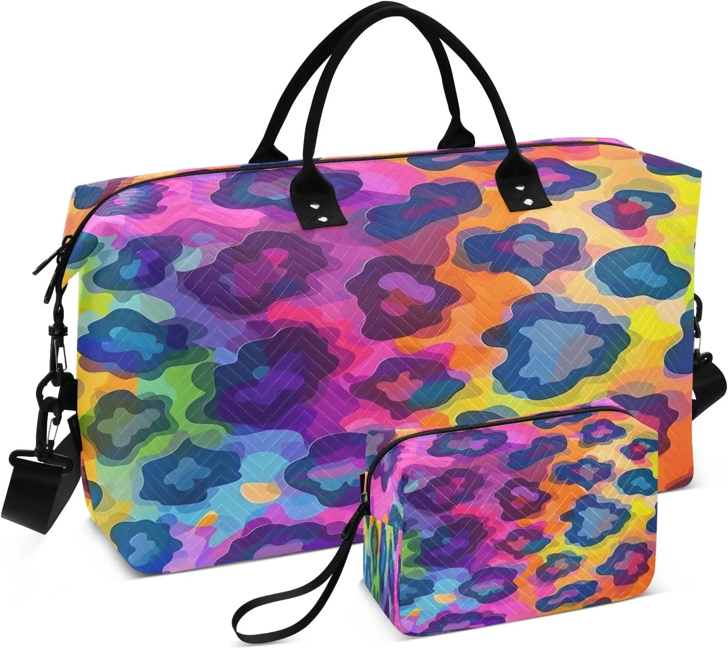 Rainbow Leopard Shadow Travel Duffel Bags with Toiletry Bag and Adjustable Strap for Travel Gym Yoga
