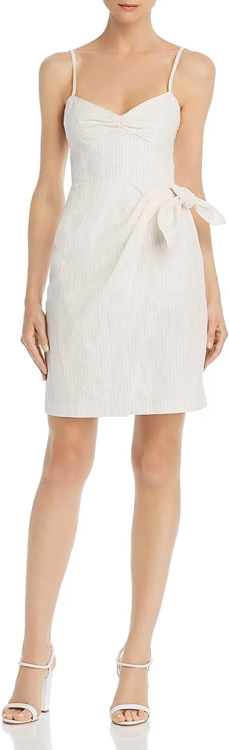 Rebecca Taylor Womens White Ruched Back Pinstripe Spaghetti Strap Sweetheart Neckline Short Faux Wrap Evening Dress Size 12