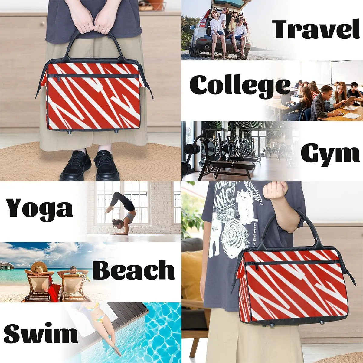 Red Abstract Diagonal Stripe Weekender Overnight Bag for Women Waterproof Carry On Travel Duffle Bags with Pocket Lightweight Sports Gym Tote Bag Large Luggage Workout Personal Item Hospital Bags