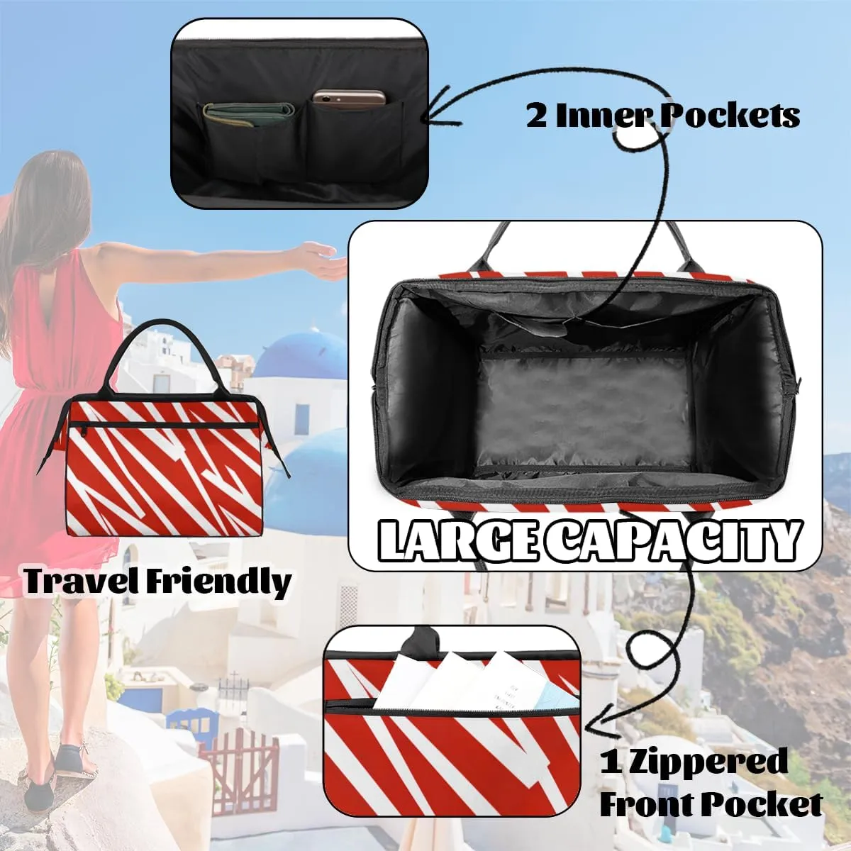 Red Abstract Diagonal Stripe Weekender Overnight Bag for Women Waterproof Carry On Travel Duffle Bags with Pocket Lightweight Sports Gym Tote Bag Large Luggage Workout Personal Item Hospital Bags