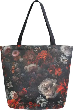Red Gray Black Moody Floral Canvas Tote Bag for Women with Zipper Pocket Reusable Grocery Shopping Bags Large Travel Shoulder Bag Handbag Bags