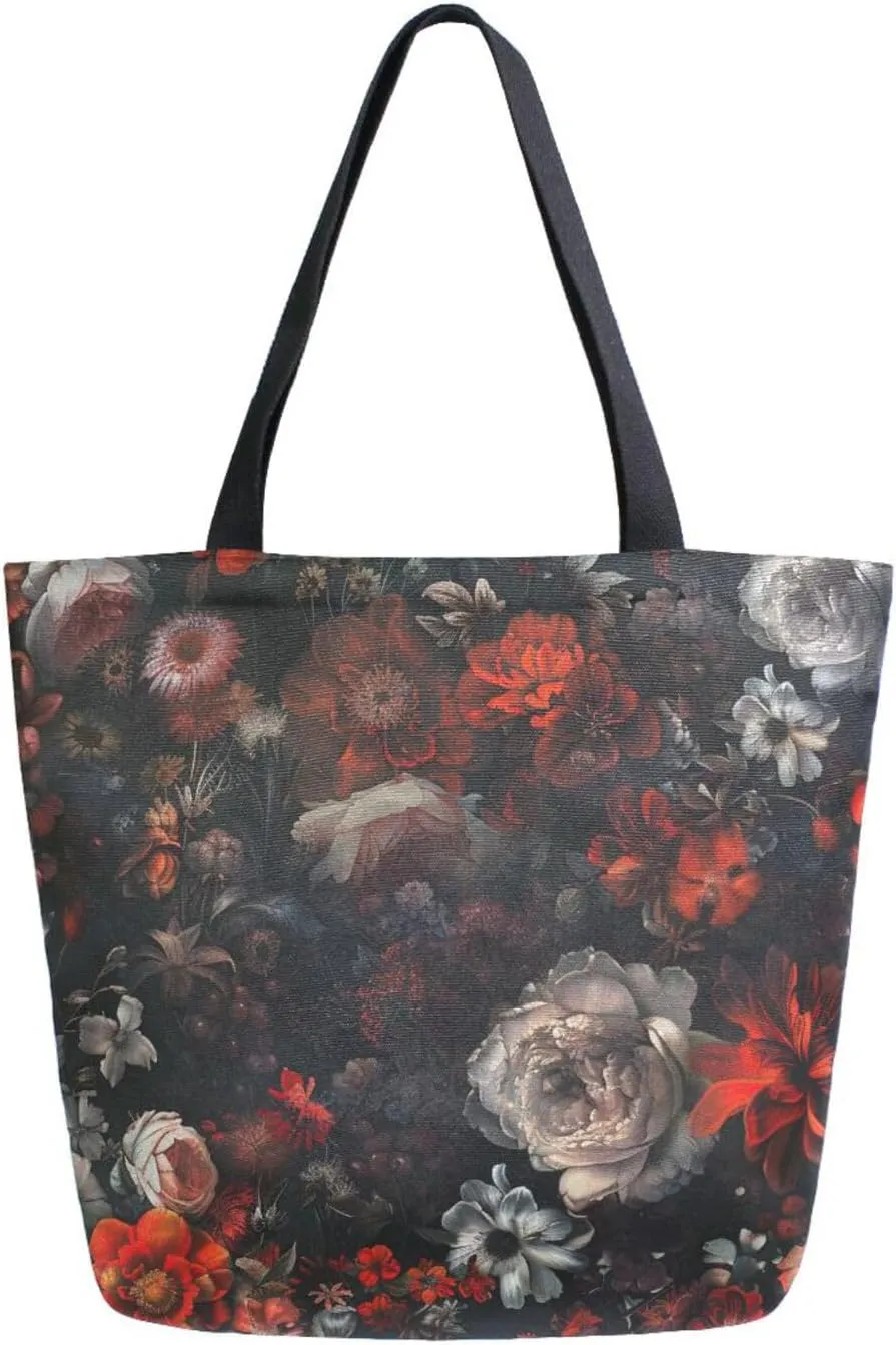 Red Gray Black Moody Floral Canvas Tote Bag for Women with Zipper Pocket Reusable Grocery Shopping Bags Large Travel Shoulder Bag Handbag Bags