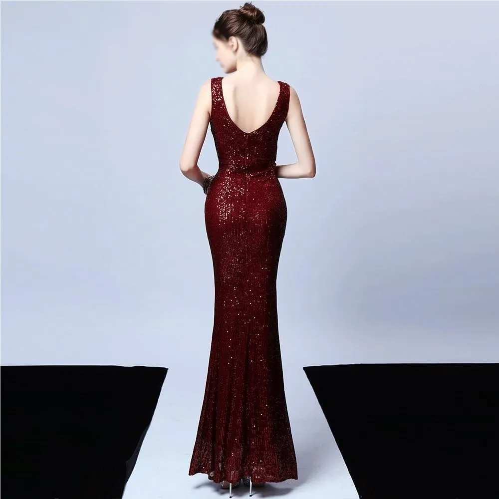 Red Sequin Mermaid Wedding Dress Women Sexy V Neck Open Back Simple Bridal Gown Maxi Elegant Evening Reception Dress